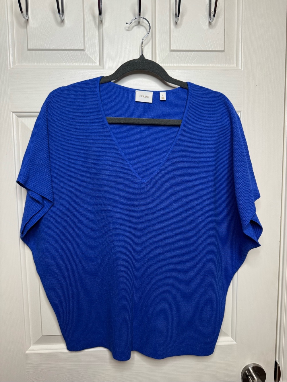 CYRUS Blue Solid V-Neck Waffle Knit Dolman Relaxed Pullover Sweater L
